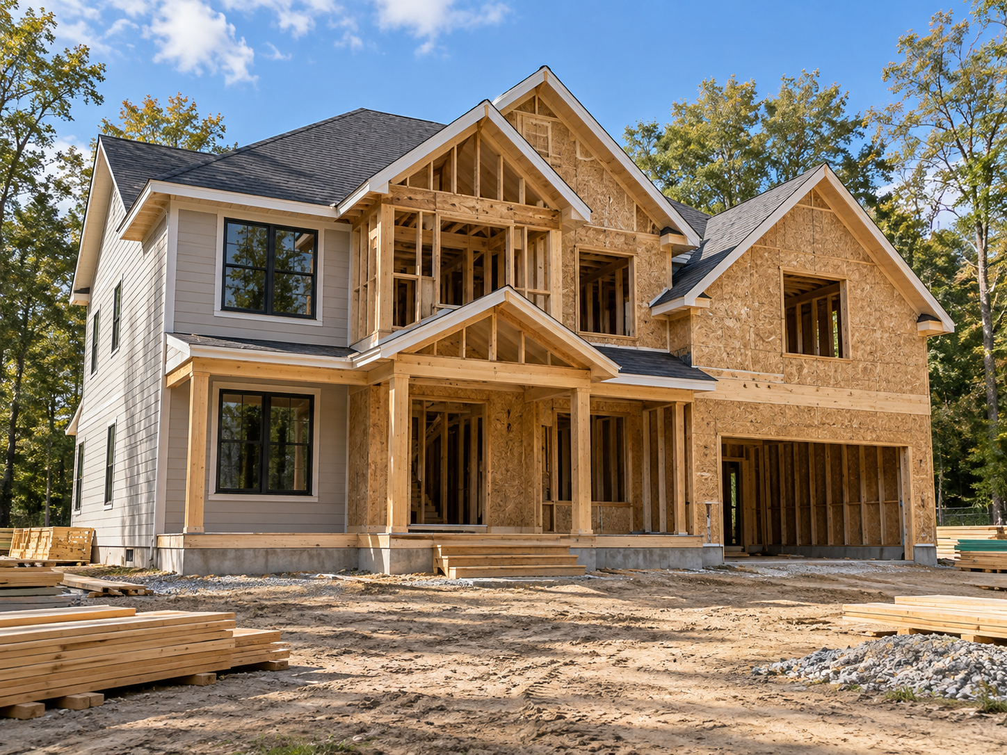 Two-story house under construction with exposed framing, sheathing, and stacked lumber