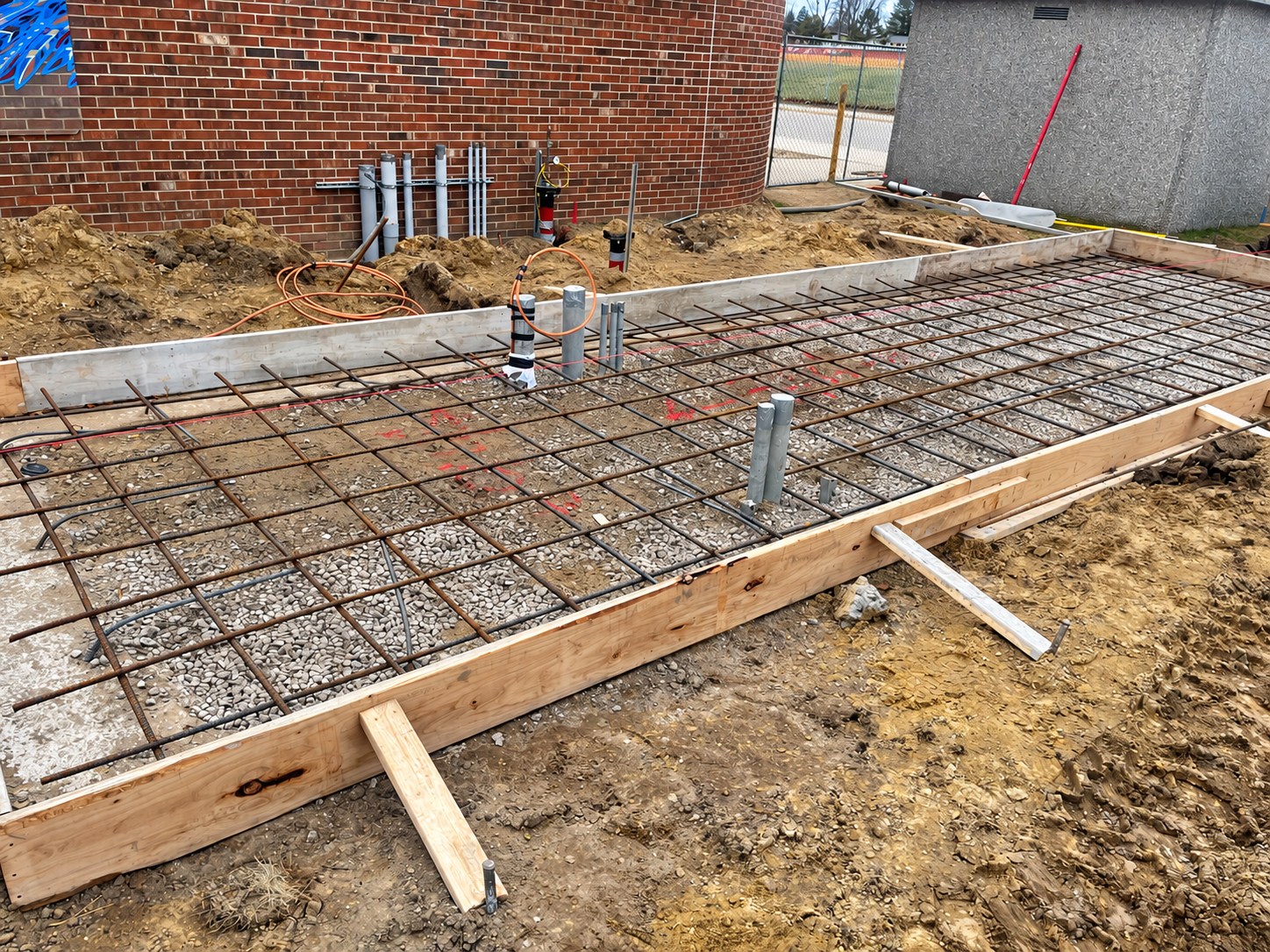 Reinforcement grid and formwork prepared for a concrete slab